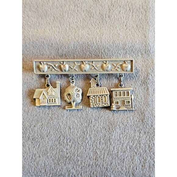 Hallmark Cards Jan Karon Pewter Bar Brooch With School Theme Charms - Picture 1 of 2